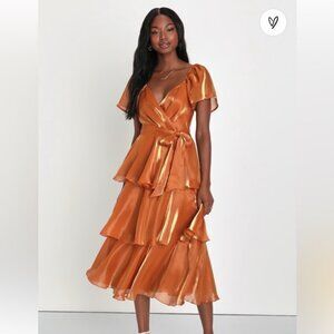Lulus Glowing Spirit Rust Orange Tiered Midi Dress - Small